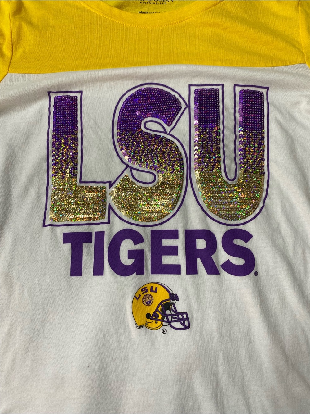 5th & Ocean LSU Tigers Sequin Long Sleeve Raglan Tee Jersey Yellow White Kids 16 - Picture 2 of 8